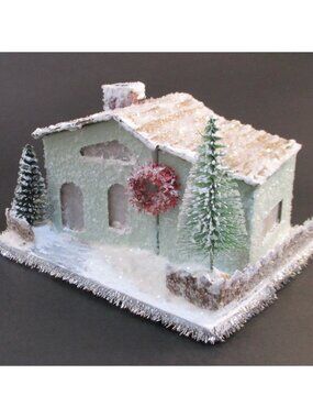 Pale Green Glitter Putz House, Vtg Style Christmas Ornament Handmade